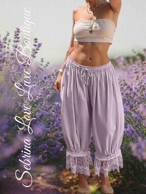 Romantic Victorian Inspired Lavender Lace-Trim Bloomer Boho Harem Pants